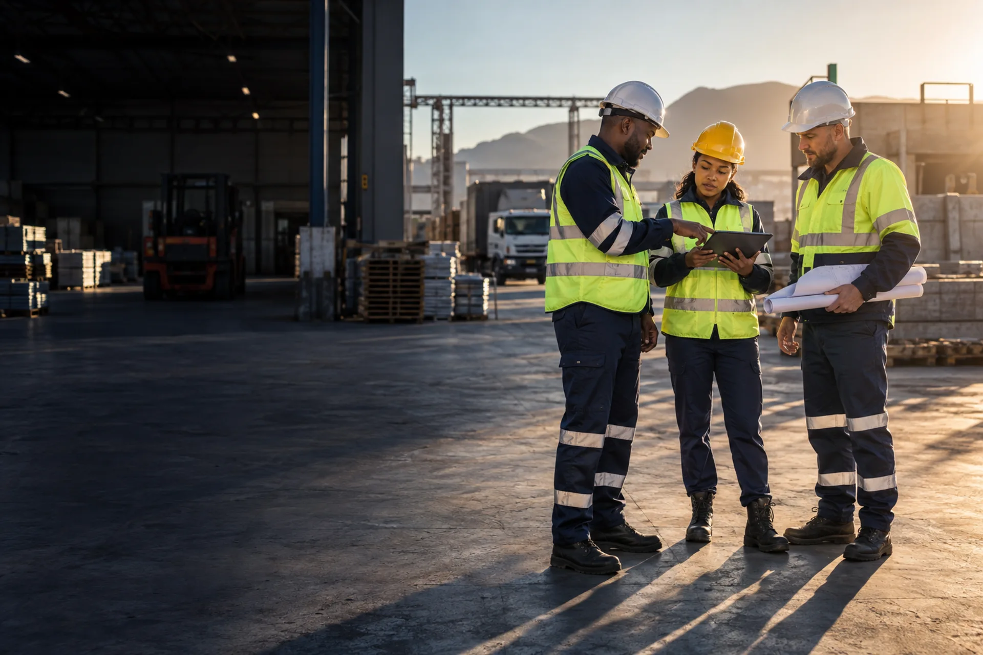 Workers in lime reflective workwear at an industrial yard